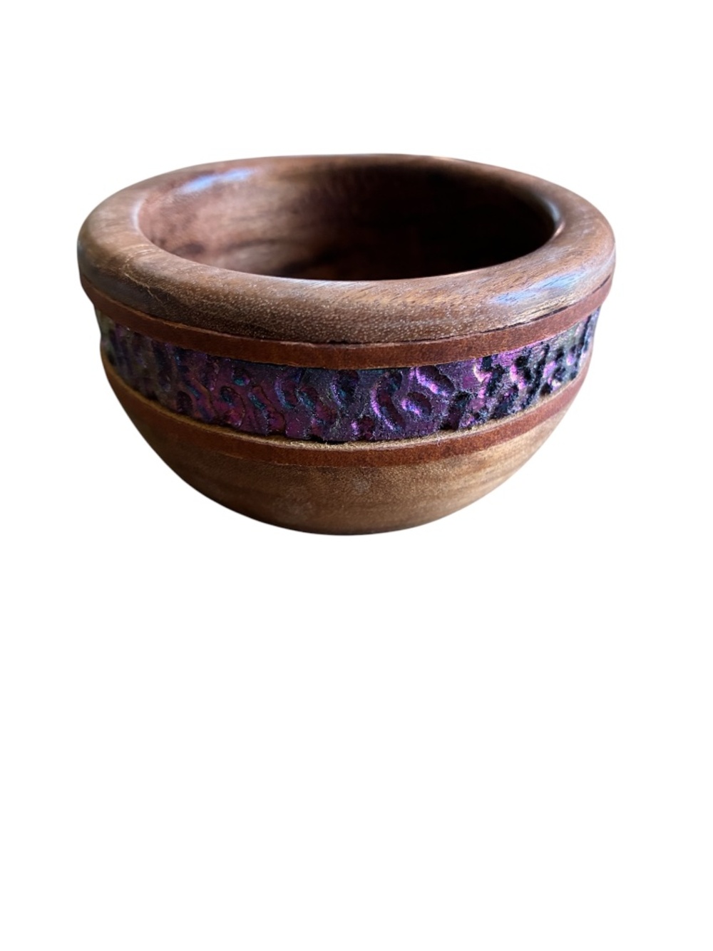 Handcrafted Wooden Bowl Decorative Turned with Textured Band Inlay Purple Accent